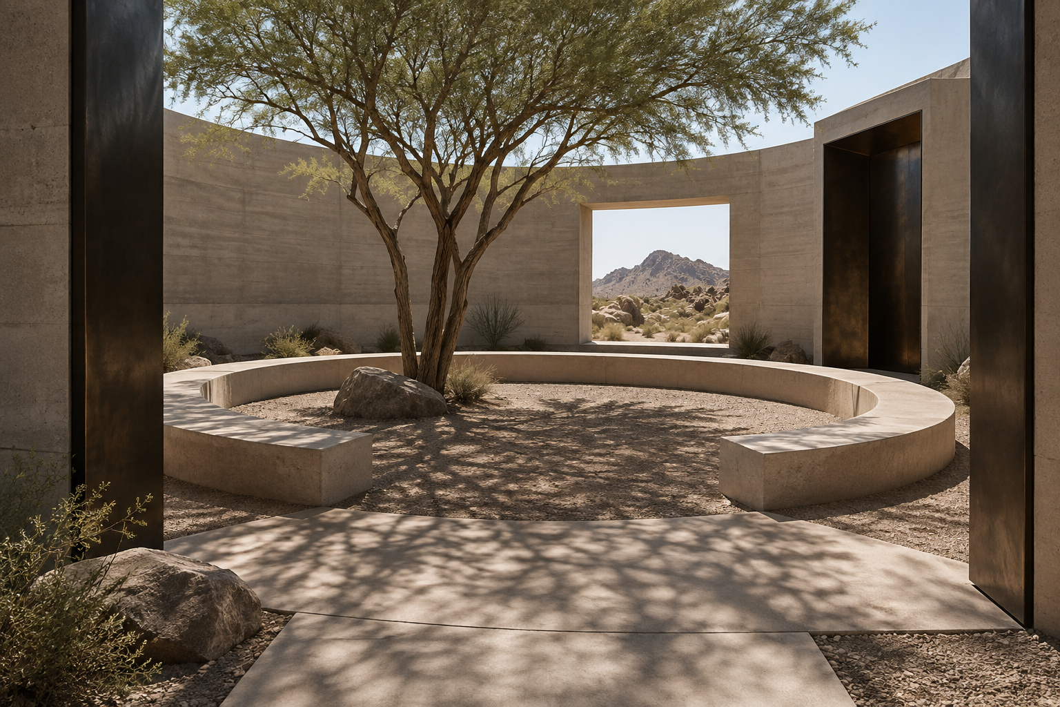 Common Ground: a circular stone bench under a desert tree, enclosed by warm concrete walls with a large square opening toward the landscape