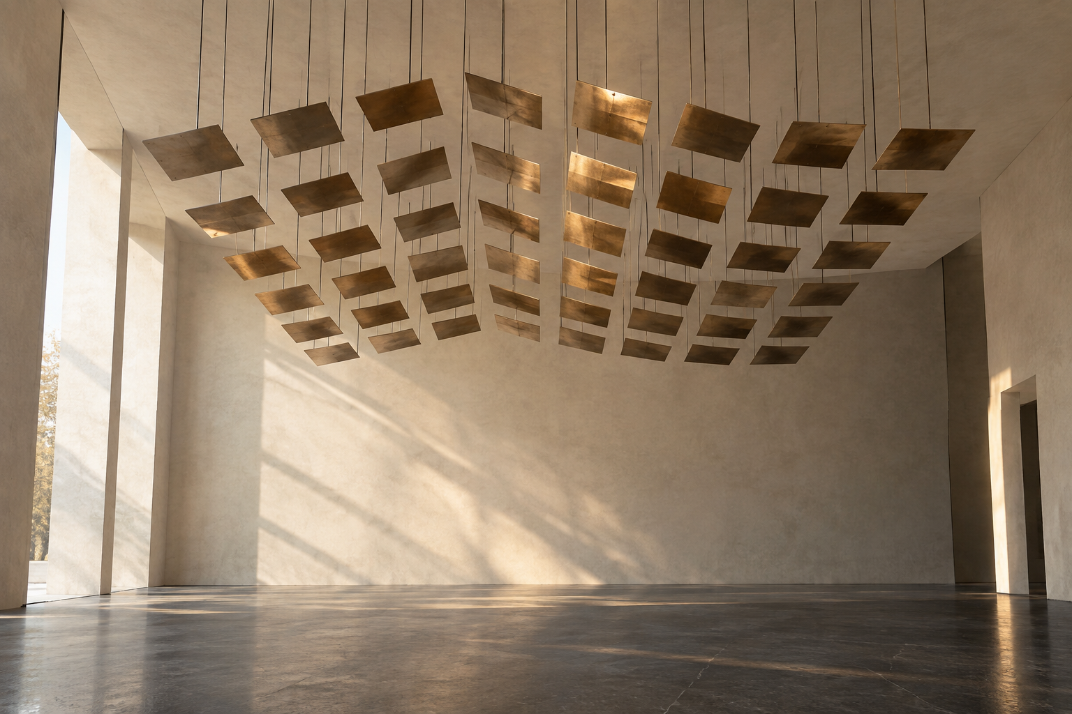 Field concept visualization: thin bronze panels suspended above a dark stone floor, with sunlight entering an ivory gallery
