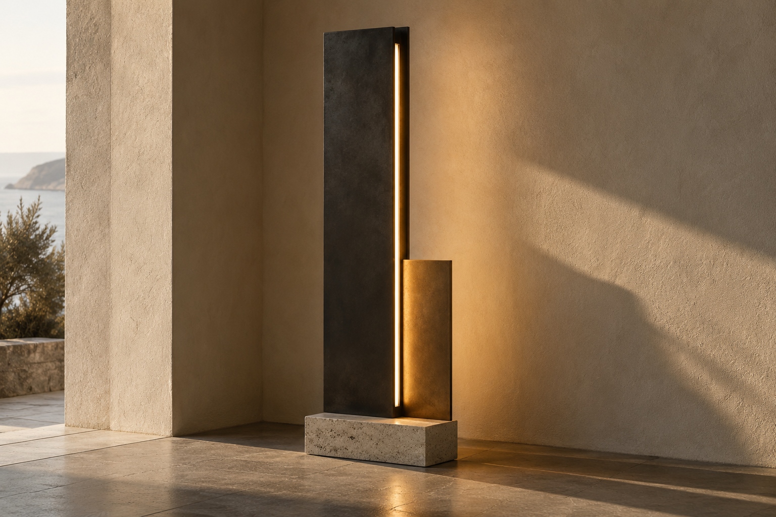 Threshold: a blackened steel floor light with a narrow warm slot, bronze reflector, and pale stone base